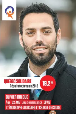  ?? PHOTOS JEAN-FRANCOIS DESGAGNES ET SIMON CLARK ?? QUÉBEC SOLIDAIRE 19,2 % Résultat obtenu en 2018 OLIVIER BOLDUC Âge : 32 ANS Lieu de naissance : LÉVIS STÉNOGRAPH­E JUDICIAIRE ET CHARGÉ DE COURS