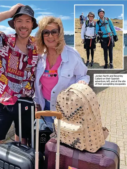  ?? ?? Jordan North and Beverley Callard on their Spanish adventure, left, and at the site of their paraglidin­g escapades
