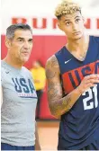  ??  ?? Jay Wright talks with national team member Kyle Kuzma at a practice session this month.