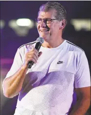  ?? Jessica Hill / Associated Press ?? UConn women’s basketball coach Geno Auriemma speaks during the team’s annual First Night event on Oct. 12 in Storrs.