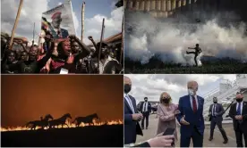  ?? Photograph: AP and Getty Images ?? From top left, Bobi Wine supporters in Uganda; Israeli forces disperse Palestinia­ns in Gaza with teargas; Jill Biden with president elect Joe; a fire blazes near Canberra, Australia.