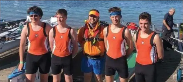  ??  ?? Sean O’Leary, Gavin Walker, Cormac Kelly (cox), Adam Neill and Adam Shanley following their men’s quad heat where they qualified for the final.