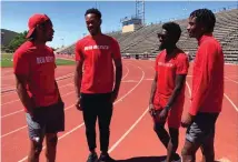  ?? STEVE VIRGEN/JOURNAL ?? From left, Victor Akhalu (first leg), Jovahn Williamson (second leg), Rivaldo Leacock (third leg) and Jevon O’Bryant (anchor) broke the UNM record in the 4x400-meter men’s relay, 3 minutes, 4.98 seconds.