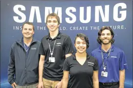  ?? JAY JANNER / AMERICAN-STATESMAN ?? Four Samsung employees who were formerly college interns at the company pose last month for a photo. Standing from left are: Oliver Dalby, Aragon Scherperee­l, Elyssa Leal and Blake Lackley.