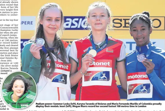  ??  ?? Podium power: Sommer Lecky (left), Karyna Taranda of Belarus and Maria Fernanda Murillo of Colombia proudly display their medals. Inset (left), Megan Marrs record her second fastest 100 metres time in London