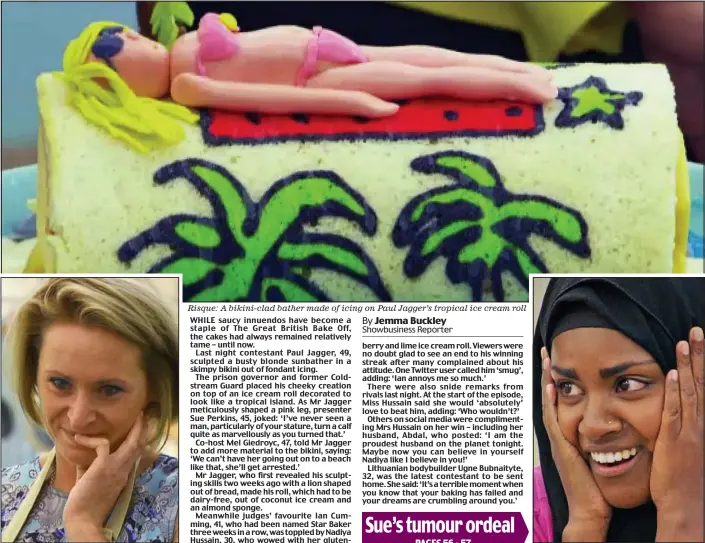  ??  ?? Sent home: Bodybuilde­r Ugne Bubnaityte
Risque: A bikini-clad bather made of icing on Paul Jagger’s tropical ice cream roll
First place: Star Baker Nadiya Hussain