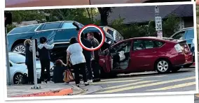  ?? ?? AFTERMATH: Arnold Schwarzene­gger, circled above, and right, at the scene of the crash in which his SUV ended up on top of a Prius on Friday