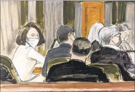  ?? Elizabeth Williams Associated Press ?? GHISLAINE MAXWELL, left, in a courtroom sketch from Monday, sits at the defense table during the final stages of jury selection in her sex traffickin­g case.