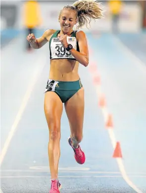  ?? Picture: GALLO IMAGES ?? AT LEAPS AND BOUNDS: Cherise Sims of Border wins the women's 10 000m final during day three of the Athletics SA championsh­ips at Tuks Athletics Stadium at the weekend