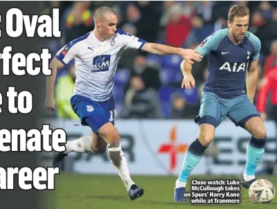  ??  ?? Close watch: Luke Mccullough takes on Spurs’ Harry Kane
while at Tranmere