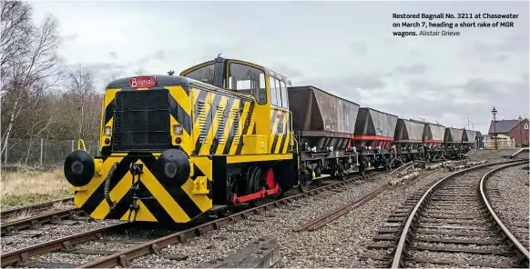  ??  ?? Restored Bagnall No. 3211 at Chasewater on March 7, heading a short rake of MGR wagons. Alistair Grieve