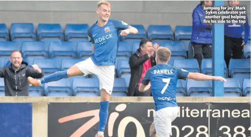  ??  ?? Jumping for joy: Mark Sykes celebrates yet another goal helping fire his side to the top