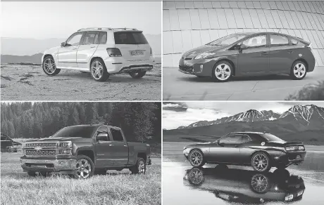  ??  ?? Clockwise from top left: J.D. Power ranks the Mercedes-Benz GLK, Toyota Prius, Dodge Challenger, and Chevy Silverado among the most dependable vehicles over three years.