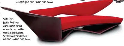  ??  ?? Oben: Collage von Superstudi­o aus dem Jahr 1971 (60.000 bis 80.000 Euro) Sofa „Project in Red“von Zaha Hadid für Edra wurde nur drei bis vier Mal produziert. Schätzwert? Zwischen 65.000 und 90.000 Euro