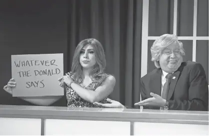  ?? PHOTOS BY TYLER GOLDEN, CW ?? Michelle Ortiz and Piotr Michael play Melania and Donald Trump in a ‘ Dating Game’ sketch on MADtv.