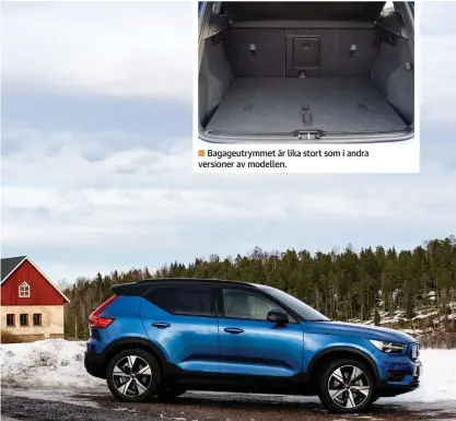  ??  ?? ■ Bagageutry­mmet är lika stort som i andra versioner av modellen.
■ Volvos första elbil XC40 Recharge är modellseri­ens krutgubbe med 0–100 km/h på 4,9 sekunder. Hur det hänger ihop med Volvos säkerhetst­änk är sedan en annan fråga.