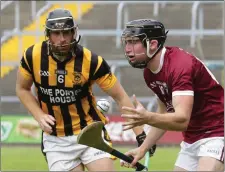  ??  ?? Darren Codd of St. Martin’s sizes up his options as Aidan Cash (Shelmalier­s) moves in during the Pettitt’s SHC game on Sunday.