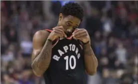  ?? CHRIS YOUNG, THE CANADIAN PRESS ?? Two nights after draining six three-pointers in Philly, DeMar DeRozan dropped four more against the Sixers in Toronto. He said: “It’s great. It’s something I’ve always worked on.”
