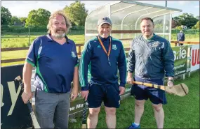  ??  ?? Colm ‘Skippy’ McDonagh, manager Paul Carley, and Brian Duggan at Monday night’s first full-contact training session with the Bray Senior hurlers.