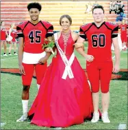  ??  ?? Farmington junior maid Mckenna Vanzant, daughter of Ryan and Monica Vanzant; escorted by senior Colton Marshall, son of Ryan Marshall and Alicia Marshall; and senior Tony Mayo, son of Tony Mayo and Ladonna Mayo.