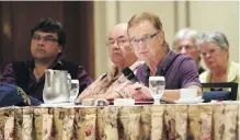  ??  ?? First Nations legal counsel Gary Yabsley speaks to the Trans Mountain Expansion ministeria­l panel on Monday.