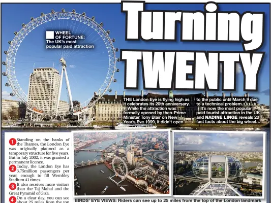  ??  ?? WHEEL OF FORTUNE: The UK’S most popular paid attraction
BIRDS’ EYE VIEWS: Riders can see up to 25 miles from the top of the London landmark