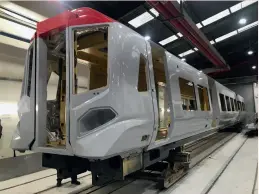  ??  ?? One of TfW’s CAF Class 197 DMUs under constructi­on on December 1, 2020. The body shells are built in spain and fitted out in Newport. (TfW)