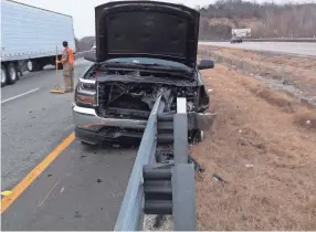  ?? MISSOURI HIGHWAY PATROL ?? George Jansen’s 2016 Chevrolet Silverado left Interstate 70 in Missouri and struck a Lindsay X-LITE guardrail in February. The beam pushed Jansen out the rear window as the truck traveled another 168 feet.