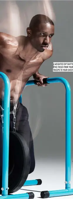  ??  ?? A WEIGHTED DIP SHIFTS THE FOCUS FROM YOUR TRICEPS TO YOUR CHEST