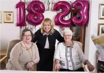  ??  ?? Many happy returns Cathy Bowman (right) with fellow ‘leapling’ Christine Crome and Hannover’s Janice McDonald