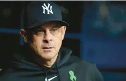  ?? CHRIS O’MEARA/AP ?? New York Yankees manager Aaron Boone during the first inning of a game against the Tampa Bay Rays on Friday in St. Petersburg, Fla.