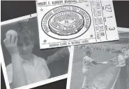  ?? AP PHOTO BY BEN WALKER ?? This collage of photos shows Ben Walker, left, holding the Johnny Bench foul ball that hit him in the head at the AllStar game at RFK Stadium in Washington on July 23, 1969; Ben Walker reaching for an autograph from Atlanta Braves pitcher Phil Niekro, also on July 23, 1969; and the ticket to the game that was rained out that July 22.