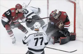  ?? THE ASSOCIATED PRESS FILE PHOTO ?? This Kings goal on March 13 in OT was disallowed due to interferen­ce. The Coyotes won in a shootout.