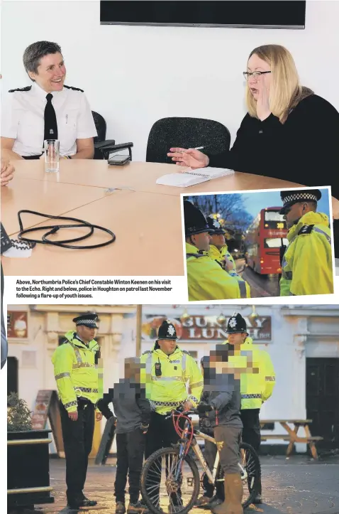  ??  ?? Above, Northumbri­a Police’s Chief Constable Winton Keenen on his visit to the Echo. Right and below, police in Houghton on patrol last November following a flare-up of youth issues.