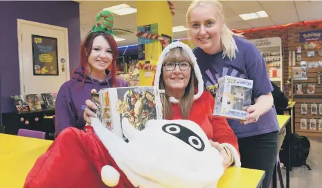  ?? ?? Geek Retreat Christmas toy appeal. From left Gemma Wilkinson, Gillian Pickes from Love Amelia charity and Laura Green.