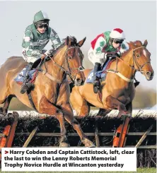  ??  ?? > Harry Cobden and Captain Cattistock, left, clear the last to win the Lenny Roberts Memorial Trophy Novice Hurdle at Wincanton yesterday