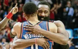  ?? Jon Shapley / Houston Chronicle ?? Though they parted ways after getting the Thunder to the 2012 NBA Finals, guards Russell Westbrook and James Harden remained tight.