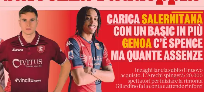  ?? ?? Il nuovo centrocamp­ista della Salernitan­a Toma Basic, 27 anni, insieme al neo acquisto del Genoa Djed Spence, 23 anni, ex Spurs
Difensore di 34 anni, all’Atalanta dal 2017, a scadenza a giugno