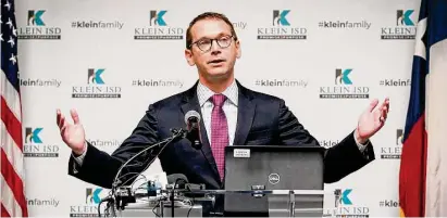  ?? Jon Shapley/Staff photograph­er ?? Texas Education Agency Commission­er Mike Morath speaks during a news conference last August at Nitsch Elementary School in Houston. The school excelled with growth in key metrics.