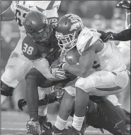  ?? Democrat-Gazette file photo ?? Missouri linebacker Eric Beisel (left) mocked Arkansas days before the teams played last season in Columbia, Mo., and the senior continued the tough talk about the Razorbacks on Wednesday at SEC media days in Hoover, Ala.