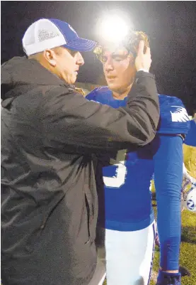  ?? Rick Kintzel | The Morning Call ?? Nazareth football coach Tom Falzone talks to Jake Wilson during a 2019 game.