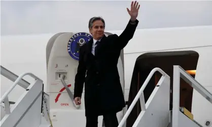  ?? Photograph: Olivier Douliery/AFP/Getty Images ?? Secretary of State Antony Blinken waves as he boards a military aircraft prior to departure from Chisinau, Moldova, on Sunday.