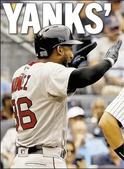  ?? AP ?? Andrew Benintendi (r.) celebrates 2nd three-run home run with Eduardo Nunez as Red Sox rock Gary Sanchez and Yanks, and this time there is no Addison Reed meltdown to bail out Bombers.