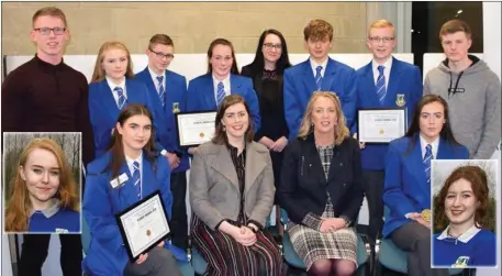  ??  ?? Castleisla­nd Community College teachers with current and former students at the Kerry ETB Student Awards Ceremony. FRONT FROM LEFT : Ruth Borgeat (inset) with Maebh Young, presenter; Acting Deputy Principal Mairéad Corridon; Acting Principal Theresa Landers; Gemma Burke and Denise Crowley (Inset). STANDING FROM LEFT: Ryan Maguire; Ava Fitzmauric­e; Nathan Egan; Siobhán O’Donoghue; guest of honour and past pupil Dr Christina Fleming; Seán Barrett; Tommy Boyle and Kevin Mahony.