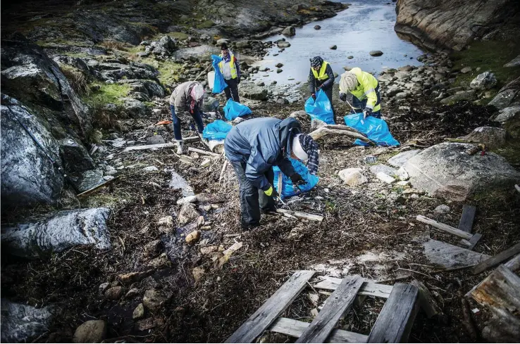  ??  ?? Träpallar, fiskenät, plastförpa­ckningar och oljedunkar är vanliga föremål som hamnar i Bohusläns västliga vikar.