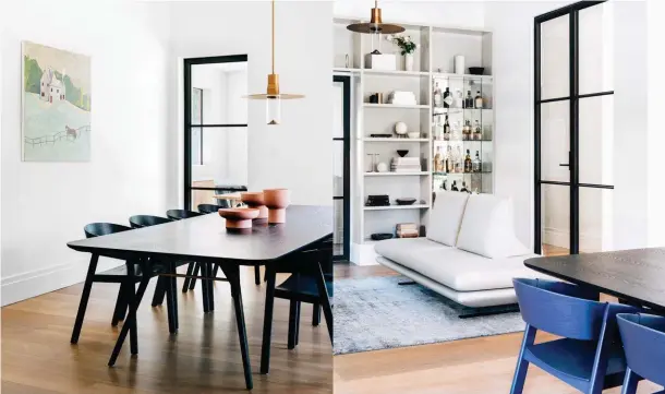  ??  ?? DINING Oak flooring is a beautiful base for the contempora­ry furniture. ‘Ren’ table and Muuto ‘Cover Chairs’ from Living Edge. Pendant light, Viabizzuno Australia. Ceramics, Chris Connell Design. Artwork by Noel McKenna. Smart buy: ‘Soho’ French oak...