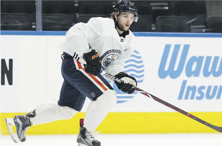  ?? IAN KUCERAK ?? Forward Nathan Walker, a 23-year-old forward claimed on waivers by the Edmonton Oilers from the Washington Capitals, made his Oilers debut at practice Monday.