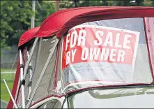  ??  ?? ABOVE: The canal behind Recovery Room Canvas and Upholstery in Thornville has dwindled to a trickle.
RIGHT: With the water level at 3 feet, some Buckeye Lake locals have put their boats up for sale.