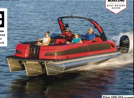  ?? ?? Price: $331,314 (as tested)
SPECS: LOA: 28'8" BEAM: 8'6" DRAFT (MAX): 1'6" DRY WEIGHT: 4,505 lb. SEAT/WEIGHT CAPACITY: 15/2,055 lb. FUEL CAPACITY: 90 gal.
HOW WE TESTED: ENGINES: Twin Mercury 450R DRIVE/PROPS: Outboard/Mercury Rev 4 14.63" x 23" 4-blade stainless steel GEAR RATIO: 1.60:1 FUEL LOAD: 75 gal. CREW WEIGHT: 330 lb.