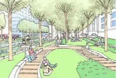  ?? National Capital Planning Commis ?? In the Linear Green concept, cars are removed and pedestrian paths weave through the park landscape, creating informal areas for seating and recreation.